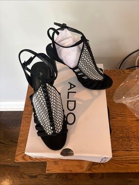 ALDO Black and White Woven Strappy Heels